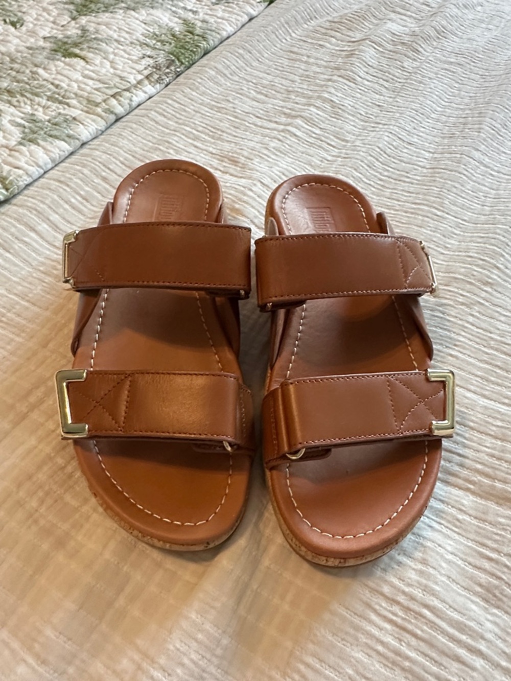 Brown Leather Double-Strap Cork Platform Slides